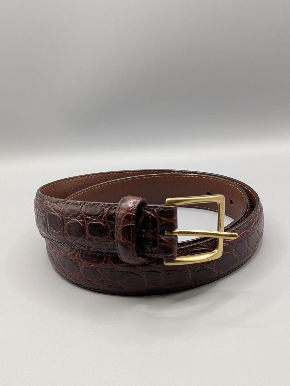 Cole Haan Belt Size 32 80 Brown Leather Crocodile Embossed Brass Buckle Italy